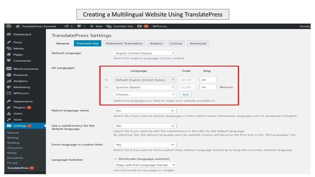 Step 2 Multilingual Website Using TranslatePress